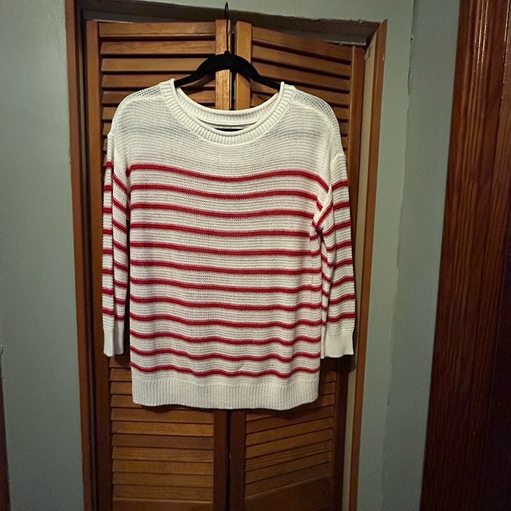 LOFT Red and White Striped Crew Neck Sweater
